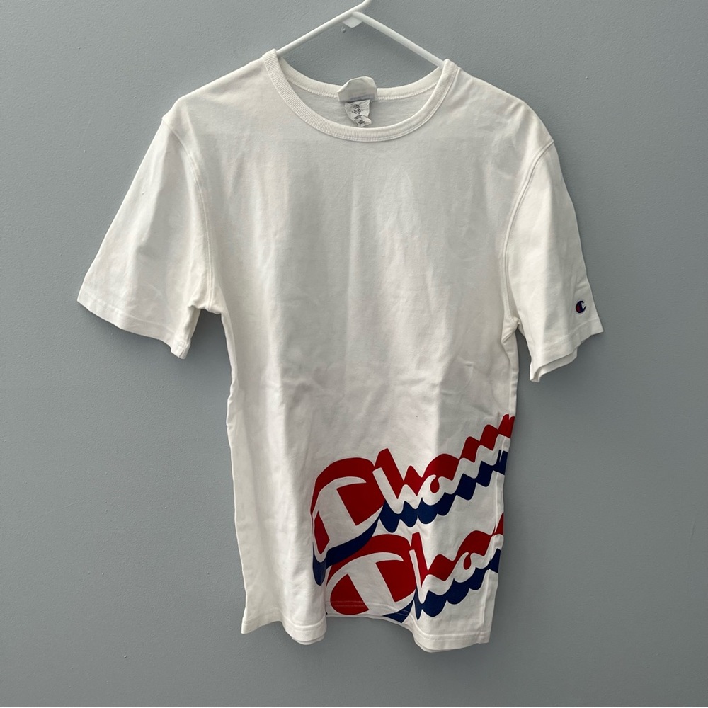 Champion Shirt Mens Medium White Blue Red Spell Out Cotton Crew Neck Casual